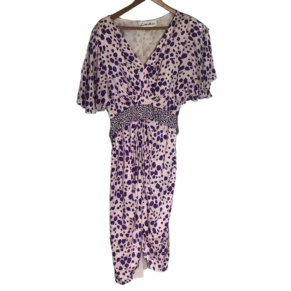 Vintage 80s Lillie Rubin Belted Spotted Print Dress Purple 100% Silk Size 10